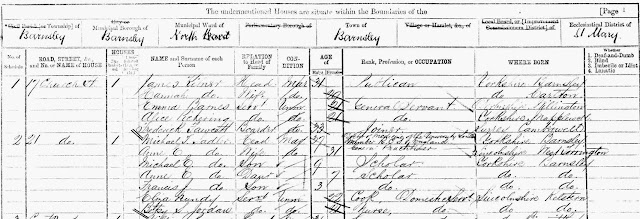 1871 census snip  - James Kilner is a Publican at no 17 Church Street, with his wife Hannah and two servants.  Next door (we assume) is Dr Michael Sadler, his wife Ann, three children and two servants.