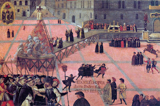 A painting by an unknown Florentine artist depicts the bonfire built in Piazza della Signoria in which Savonarola was burned