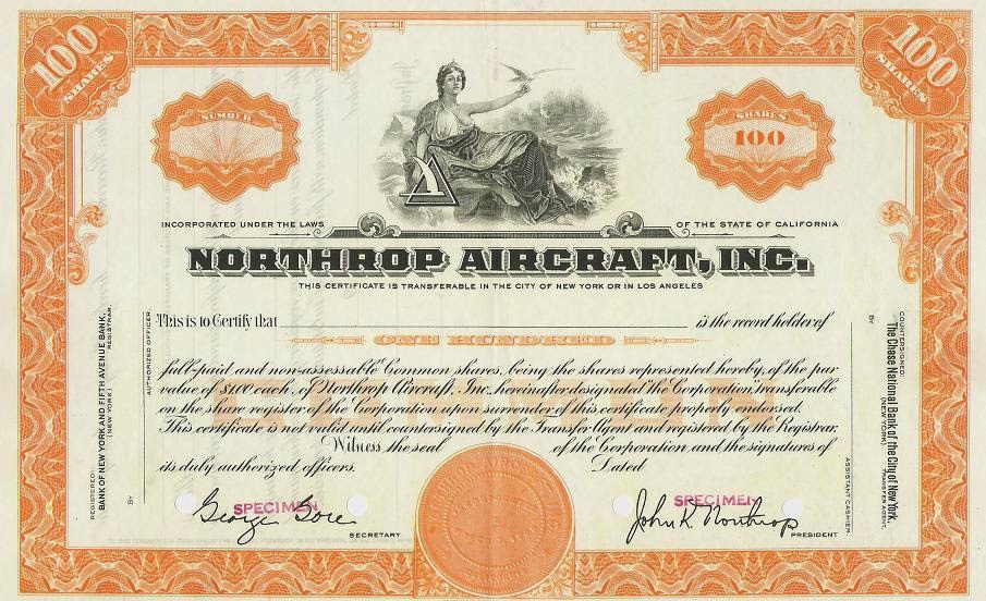 share certificate with facsimile signature of John Knudsen "Jack" Northrop