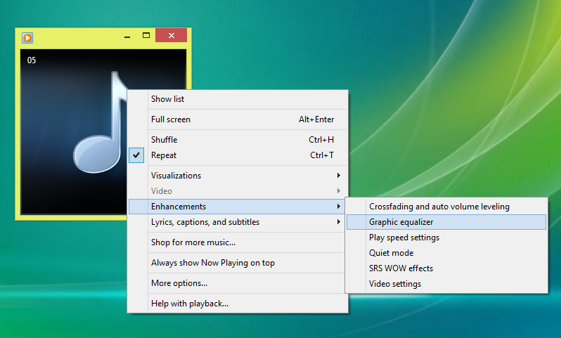 Menampilkan Graphic Equalizer Windows Media Player 2
