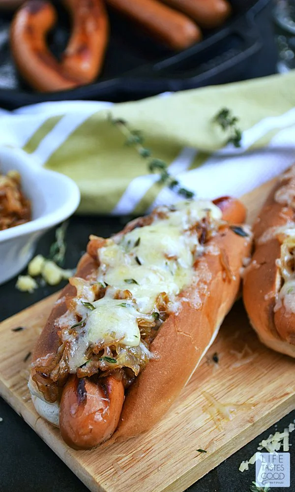 French Onion Hot Dogs | by Life Tastes Good are just like your favorite French Onion Soup, but in a handy bun and extra delicious because it's a hot dog!! #LTGRecipes