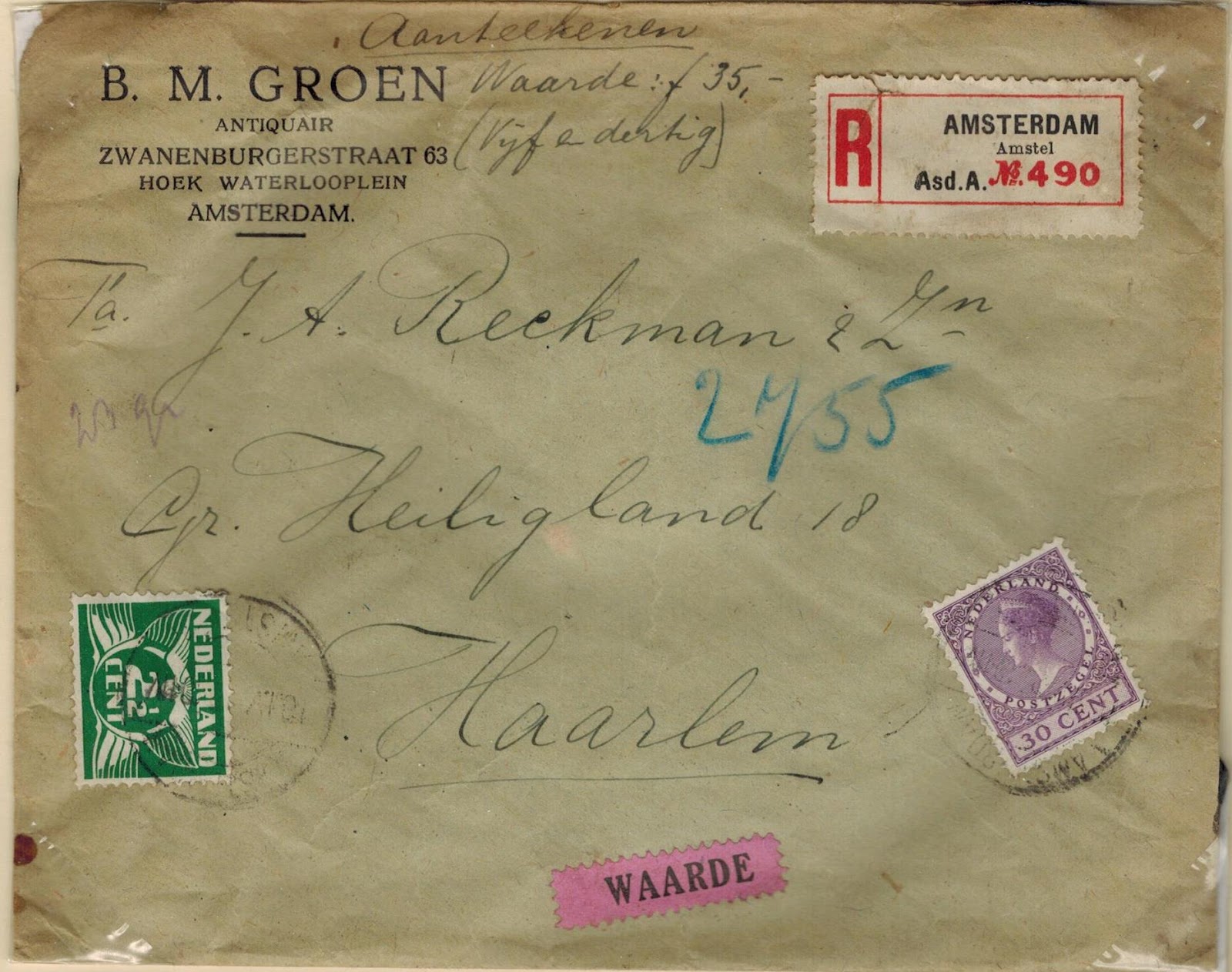 Netherlands Postal History Domestic Insured Mail 1921 Netherlands Postal History Domestic Insured Mail 1921