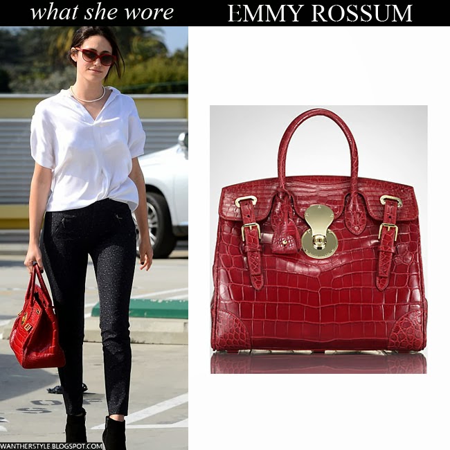 WHAT SHE WORE: Emmy Rossum with red leather alligator bag in Los ...