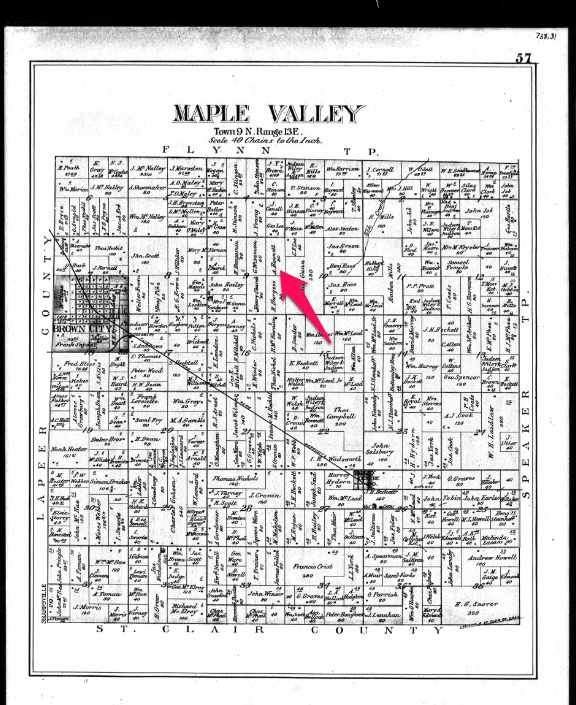 Climbing My Family Tree: 1894 Land Ownership Map of Maple Valley Township in Sanilac County Michigan, showing Andrew Bennett's farm