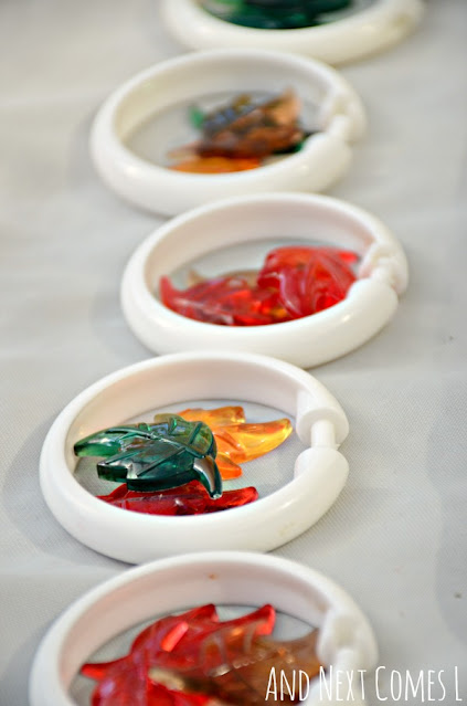 Practicing grouping with a fall math activity tray