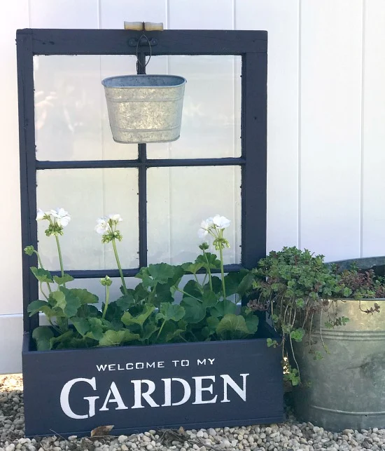 Purple Window Flower Box Planter with Geraniums