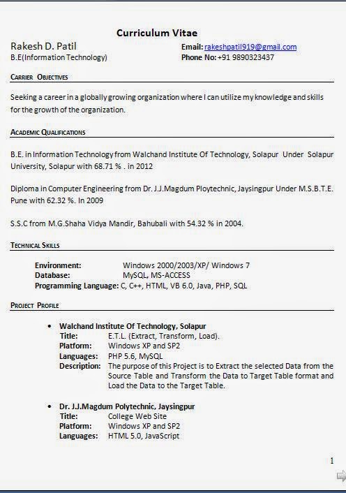 Resume Format for Freshers Information Technology Engineers