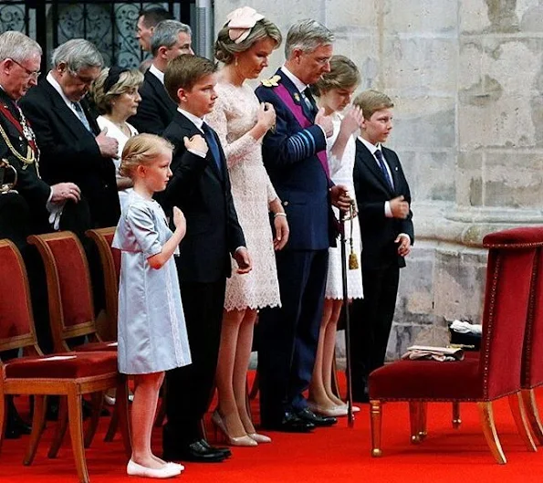 King Philippe, Queen Mathilde, Crown Princess Elisabeth, Princess Eleonore, Prince Gabriel and Prince Emmanuel, Mathilde wore Natan Lace Dress