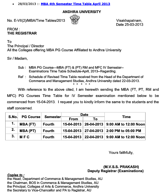 Andhra University MBA Fourth Semester Time Table 2013 For Job Seekers