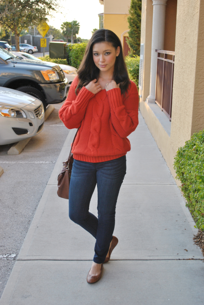 brown flats outfit, Sheinside Red Knit Sweater, charlotte russe refuge jeans, Arafeel bag, Payless flats