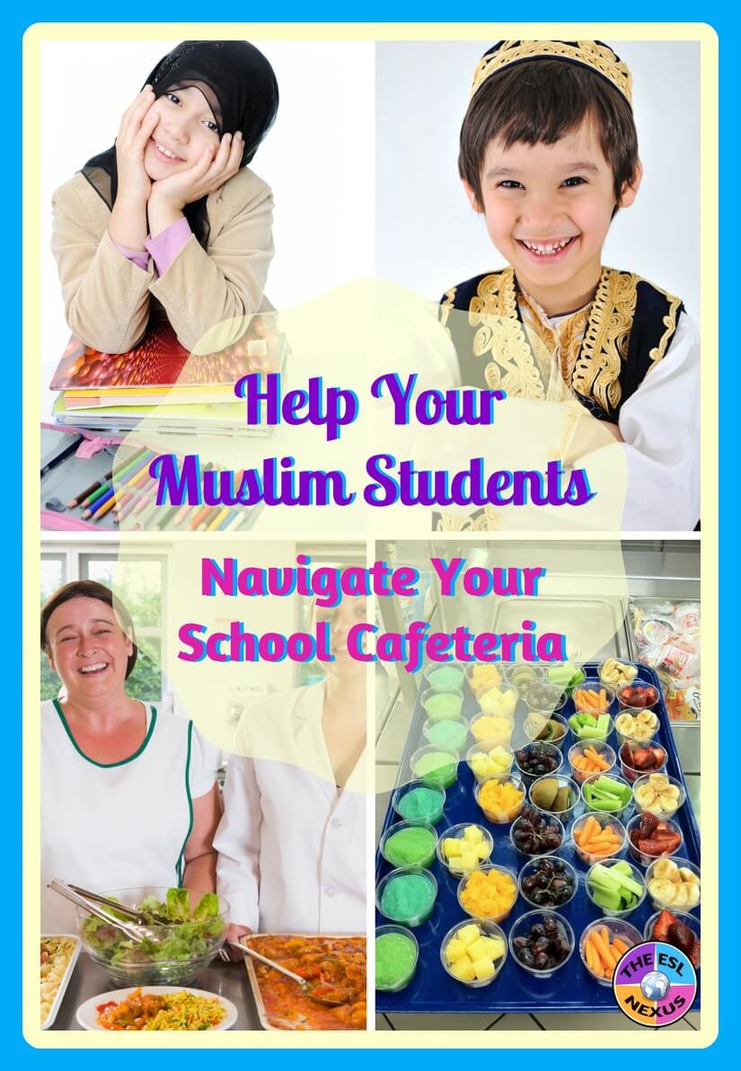 Collage of Muslim boy and girl at top, cafeteria worker at bottom left, and cafeteria food at bottom right, with title "Help Your Muslim Students navigage the School Cafeteria" overlaid in the center