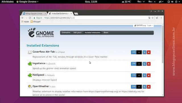 Gerenciando extensões do GNOME Shell através do Google Chrome no Ubuntu