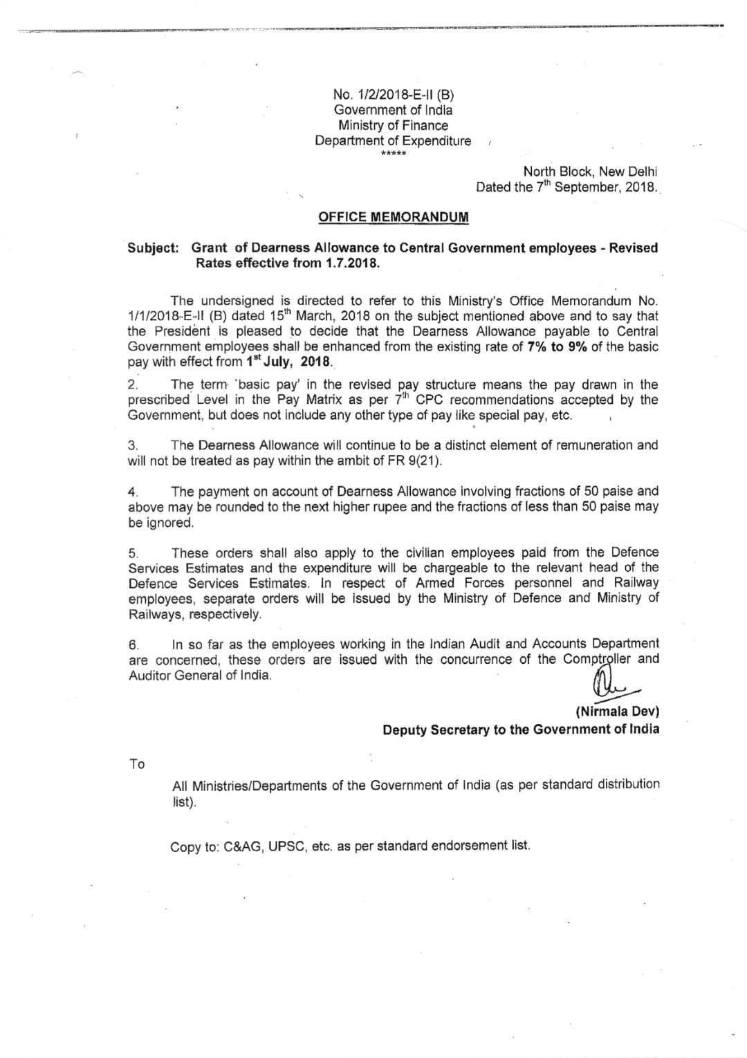 Grant of Dearness Allowance to Central Government Employees Revised rates effective from 01.07