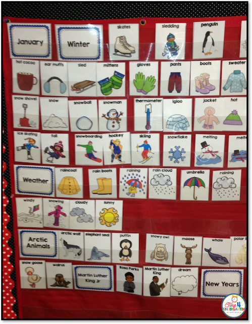 January Writing Center or writing stations with winter themes  67 vocabulary picture cards