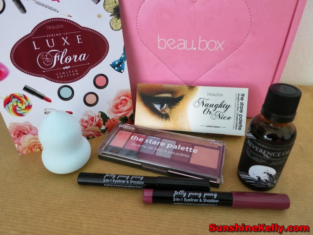 Beubox Luxe Floral Spring 2014, Limited Edition, Beauty Box, Antidote for BeauBox Reverence Oil, cleansing oil, Jelly Pong Pong, 2 in 1 Eyeliner Shadow, BeauBox Naughty or Nice The Stare Palette, eye shadow palette, blending sponge