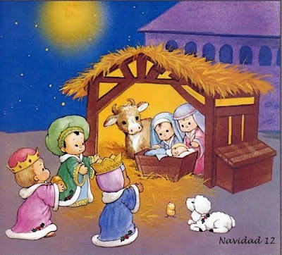 El niño Jesus, personas y una oveja