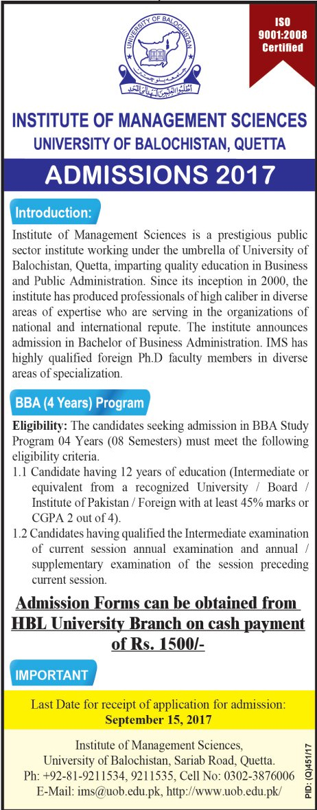Admissions Open for Institute of Management Sciences University of Balochistan 2017