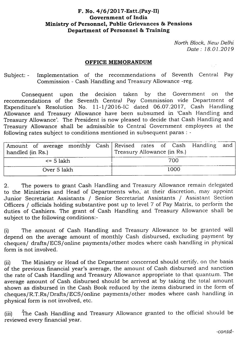 CASH HANDLING AND TREASURY ALLOWANCE [7th CPC]