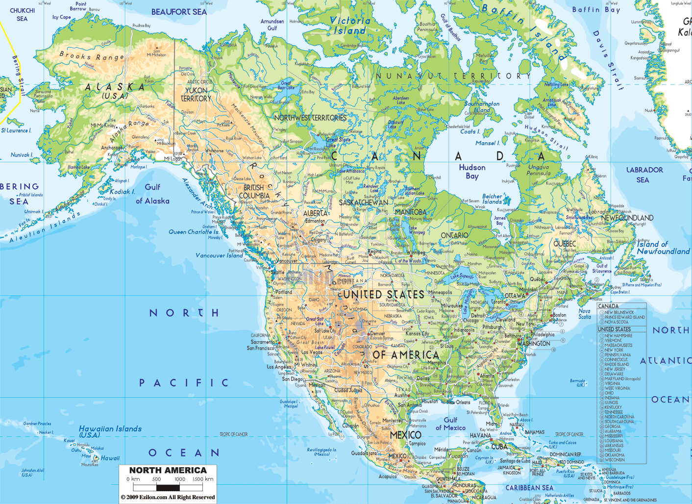 Nordamerika - Geografiske Kort over Nordamerika