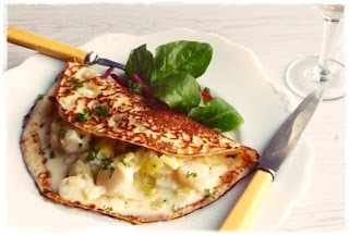 scallop and leek filled pancakes