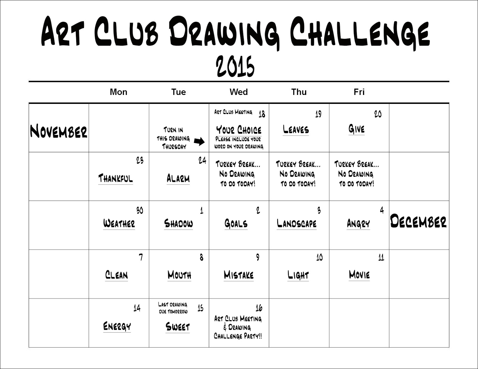 Mrs. Warchol's Art Blog Drawing Challenge Calendar