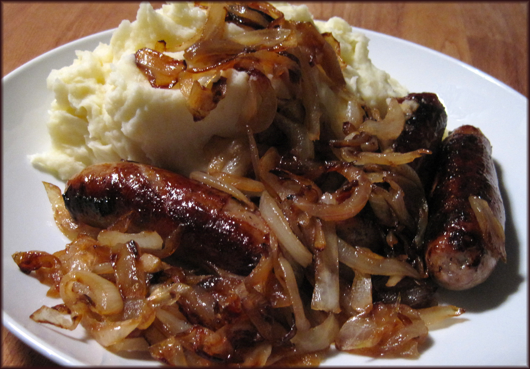 Horseradish mash and caramelised onions. Pictures with sausages.