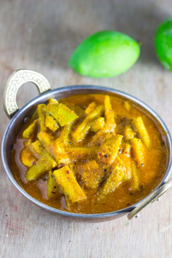 Hagalkai Mavinkai Gojju Bittergourd Raw Mango Curry Karela Kacche Aam sabzi vegan gravy stew bittermelon indian