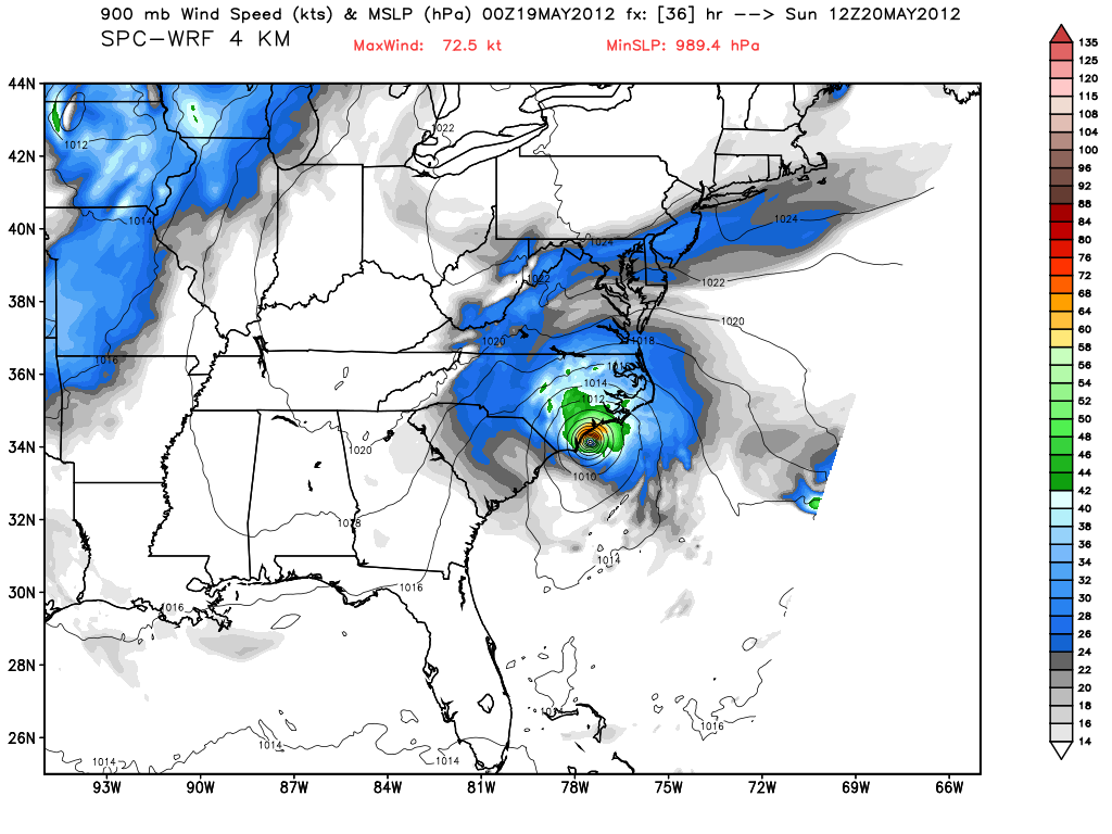 The Weather Centre SPC 4km WRF Depicts Tropical Storm Landfalling in