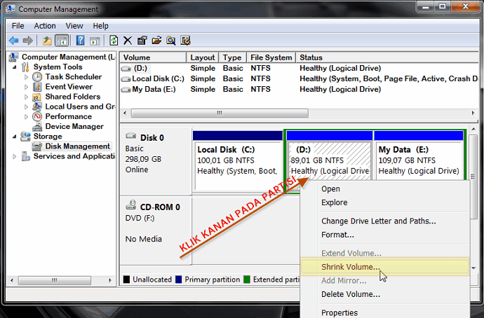 Shrink volume harddisk Windows 7