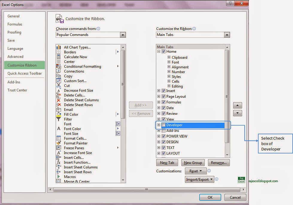Raj Excel How to Show / Add Developer tab in Excel 2013