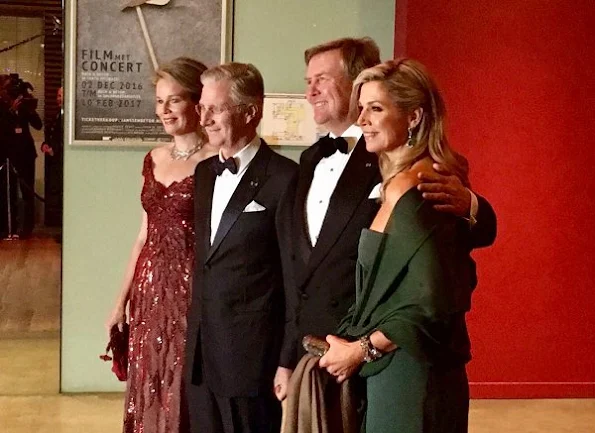 Queen Maxima wore Dries Van Noten dress, Queen Mathilde wore Jan Taminiau Gown, Diamond earrings, diamond tiara, style royal family