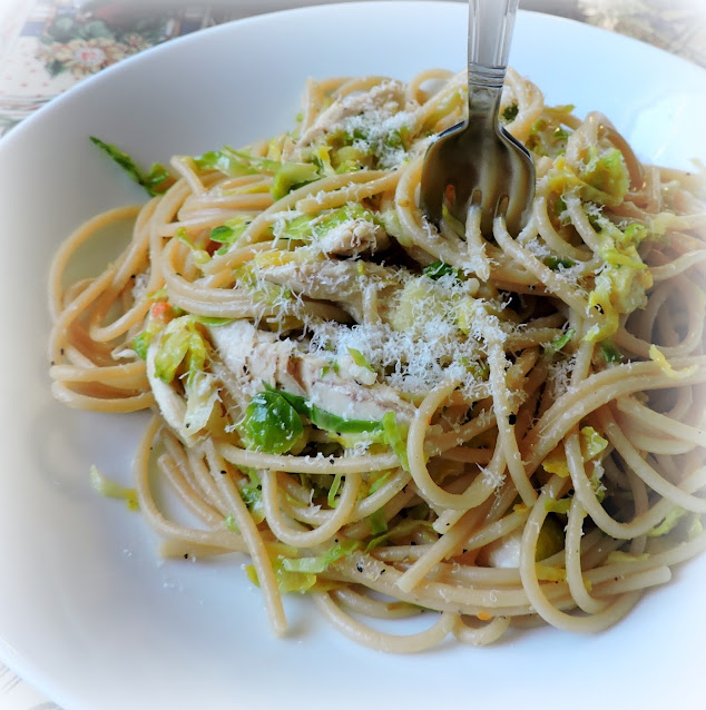 Spaghetti with Roasted Chicken and Shredded Brussels