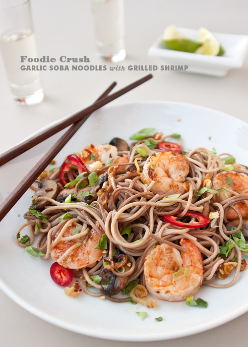 Soba noodles with wasabi garlic prawns Food and Drink