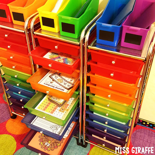 These rainbow drawers are perfect for storing math centers, literacy centers, anything! They're beautiful and perfect for classroom organization - check out how she uses them!