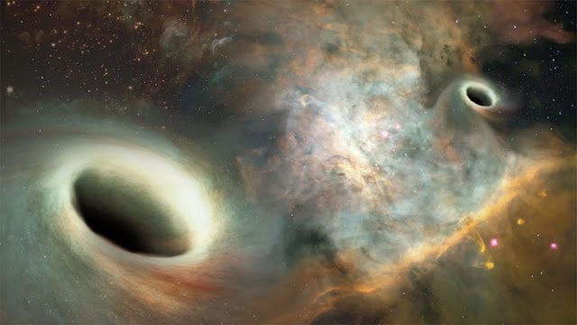 Iustração artística de dois buracos negros que orbitam um ao outro no centro da galáxia 0402+379