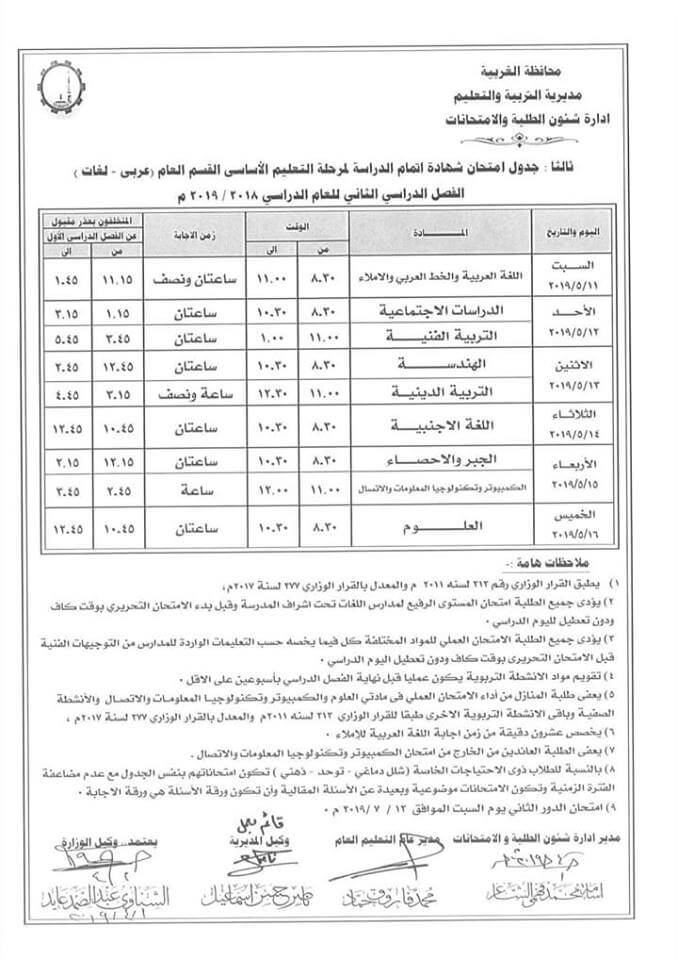 جدول امتحانات الصف الثالث الاعدادي محافظة الغربية