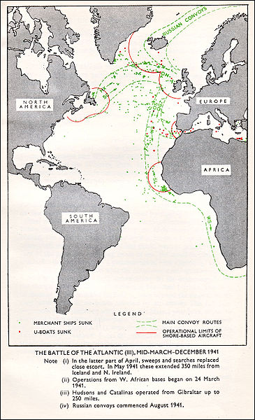 WW2 Battle of Atlantic MAP of Convoy Routes March-December 1941