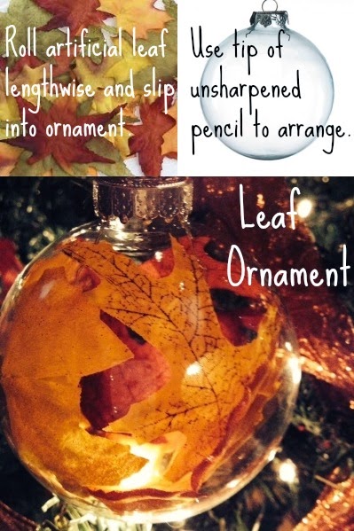 Make your own ornaments with artificial leaves and cler ornaments