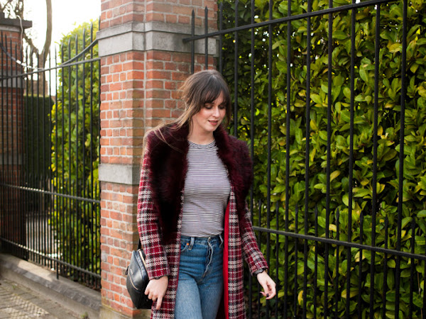 Outfit: printmixing in plaid maxi coat, stripes and polkadots