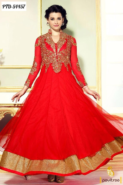 Red Color Valentine day special Indian designer party wear anarkali salwar suit for valentine day with discount offer sale in India