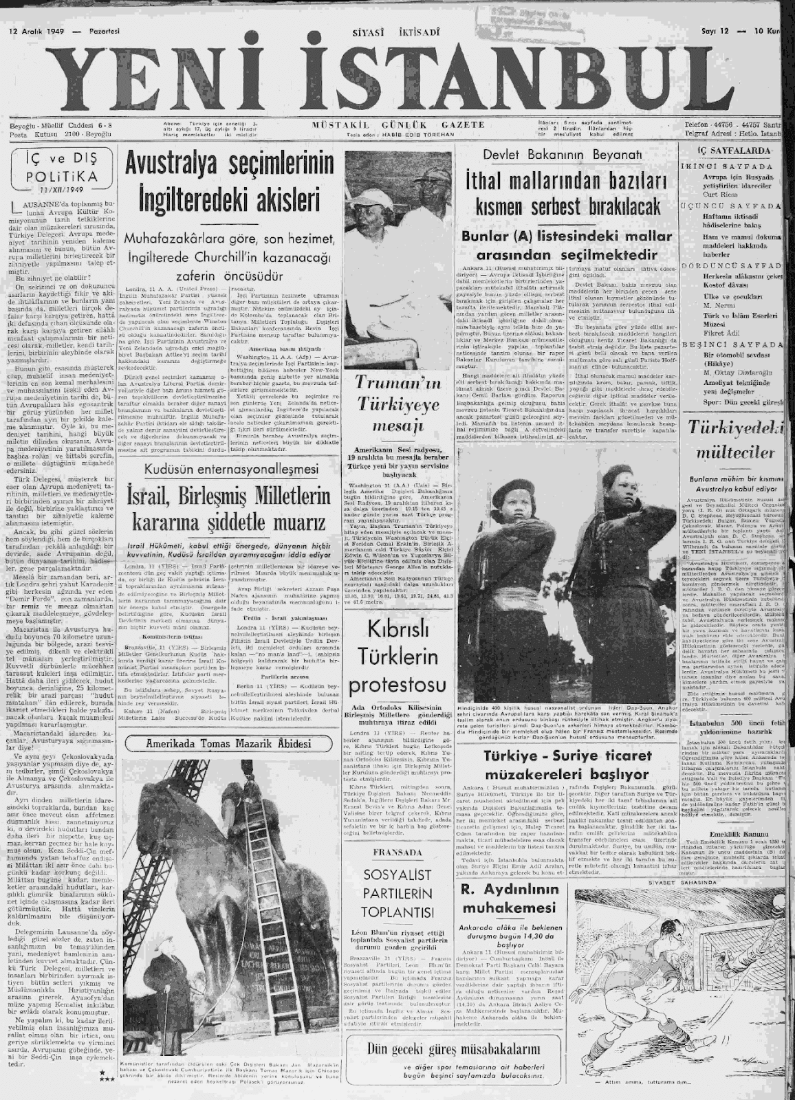 12 Aralık 1949 Yeni İstanbul Tam Metin