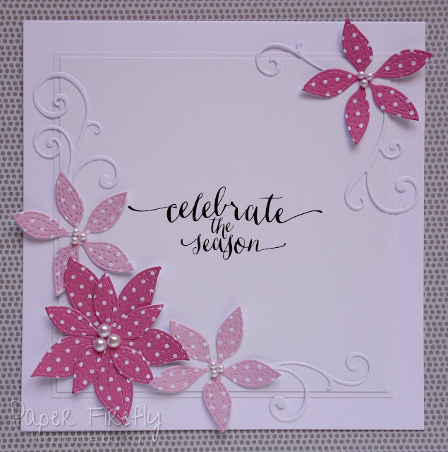 CAS Christmas card with pink poinsettias (Memory Box dies)