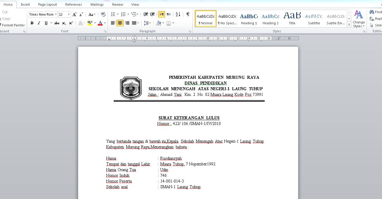 Contoh Surat Keterangan Lulus Smp Contoh Surat
