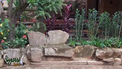 Detalhe do banco de pedra no jardim com pedras tipo chapas de pedra moledo com as muretas de pedra com o canteiro de agapanto, dracena vermelha com as mudas de murta.