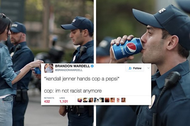 Pepsi ad 2017 attempt to co-op the black lives matter movement. Kendall Jenner hands pepsi to a cop. Cop evidently not racist anymore. Jingles and other stories of The American Dream. marchmaton.com Pepsi ad 2017 attempt to co-op the black lives matter movement. Kendall Jenner hands pepsi to a cop. Cop evidently not racist anymore. Jingles and other stories of The American Dream. marchmaton.com