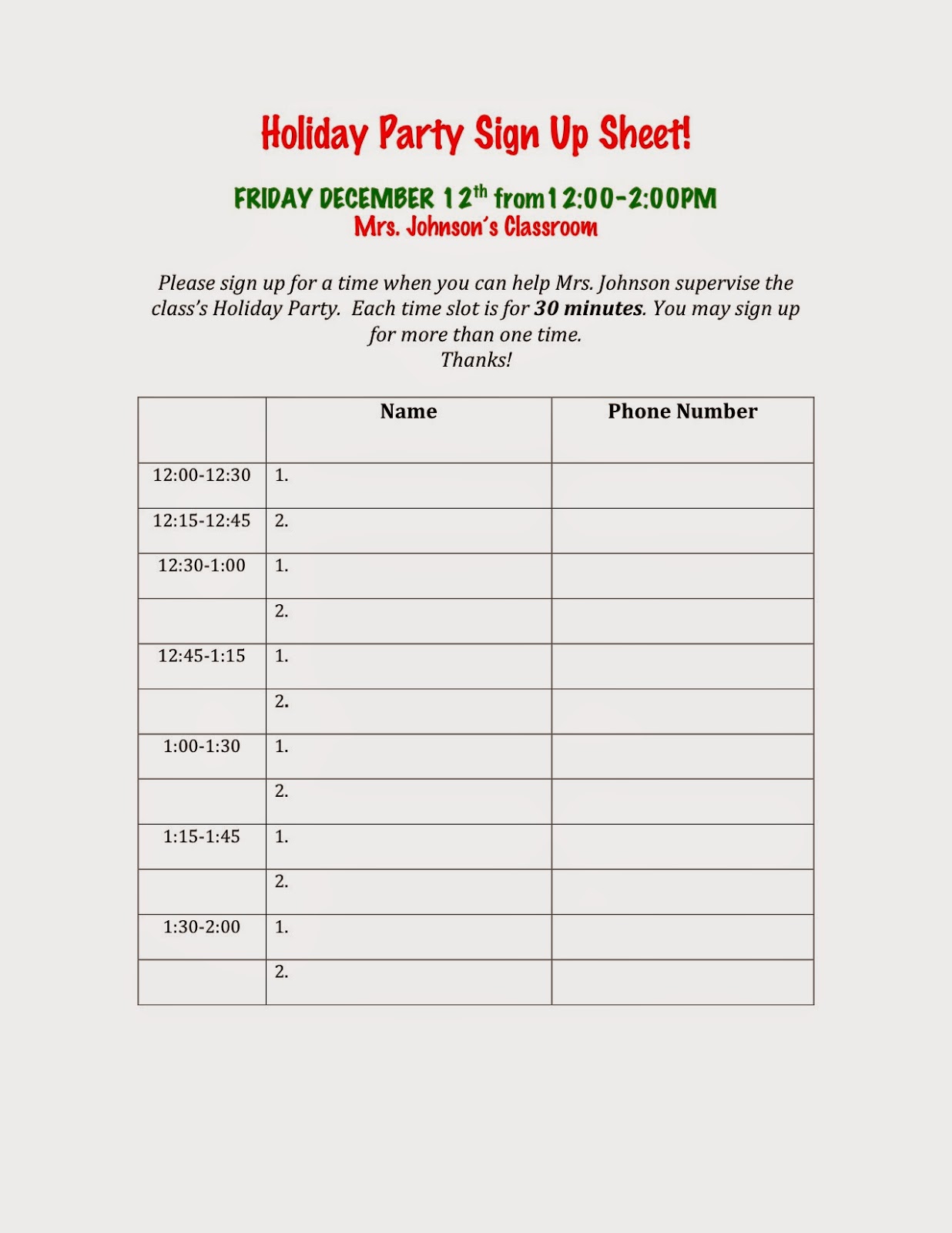 Avenue B Holiday Party Sign Up Sheets