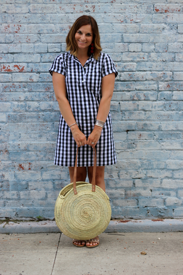 gingham shirt dress, style on a budget, mom style, how to style a straw bag