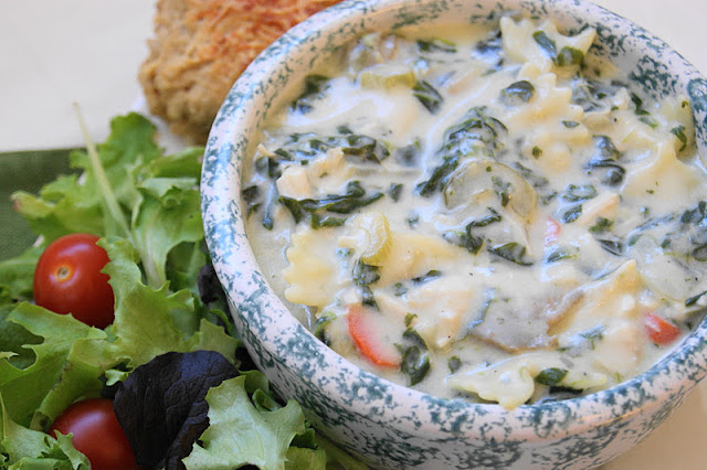 Creamy Chicken Noodle Soup with Brie, Spinach & Artichokes