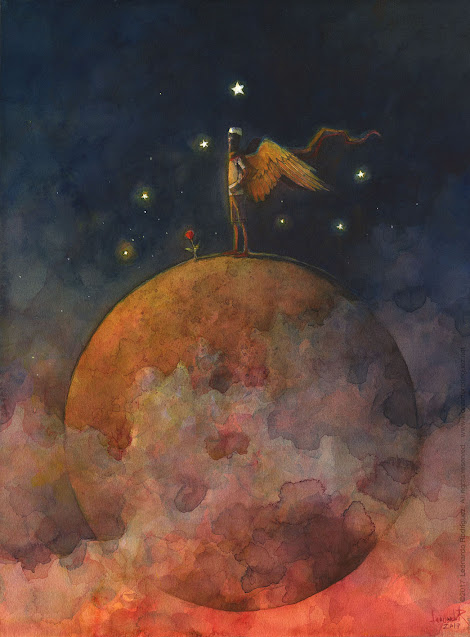Watercolor illustration of a young teenayer alone in a small planet as "The Little Prince" in B-612 planet..  It's about one of the boys killed by police in Venezuela in 2017 riots.