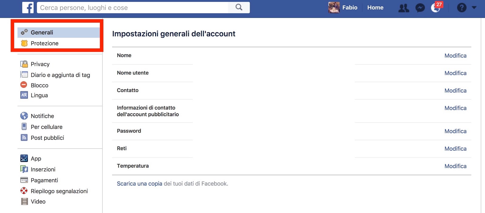 Come cancellare account Facebook - impostazioni generali account